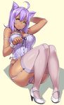  :3 ahoge animal_ears breasts cat_ears cleavage corset dark_skin detached_collar garter_straps hand_behind_head high_heels houtengeki large_breasts looking_at_viewer original panties purple_hair purple_legwear purple_panties simple_background sitting solo thighhighs underwear white_eyes wrist_cuffs 