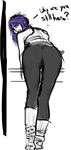  alternate_costume angry annoyed ass bangs black_legwear commentary english leg_warmers looking_at_viewer looking_back nagae_iku pants purple_hair rapestove red_eyes shirt short_hair sketch solo tank_top text_focus touhou white_background white_shirt yoga_pants 