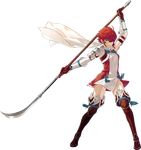  1girl boots fire_emblem fire_emblem_if gloves hinoka_(fire_emblem_if) kozaki_yuusuke naginata nintendo official_art red_hair scarf short_hair simple_background thigh_boots thighhighs weapon 