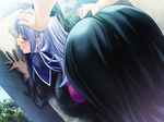  ass backboob bent_over blue_eyes blush breasts clenched_teeth dress from_behind game_cg glasses gloves grave hand_on_head hat highres huge_ass huge_breasts imminent_rape long_hair long_skirt looking_back play!_play!_play!_shi purple_hair skirt solo_focus teeth wazakita wide_hips 