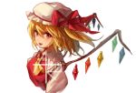  1girl :d ascot bangs blonde_hair breasts commentary_request cropped_torso crystal eyebrows_visible_through_hair fang flandre_scarlet frilled_shirt_collar frills hair_between_eyes hat hat_ribbon highres looking_at_viewer mao_wei_du_jiao_shou medium_breasts mob_cap one_side_up open_mouth puffy_short_sleeves puffy_sleeves red_eyes red_ribbon red_vest ribbon shirt short_hair short_sleeves simple_background smile solo touhou upper_body vest white_background white_hat white_shirt wings yellow_neckwear 
