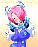  blush breasts cleavage cleavage_cutout closed_eyes double_v facing_viewer hair_ornament large_breasts open_mouth original phantasy_star phantasy_star_zero pink_hair pointy_ears rei_(holyspirit) short_hair smile solo v zefirumu 