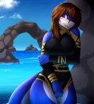  2018 anthro breasts brown_hair clothed clothing day detailed_background digital_media_(artwork) female fish hair marine outside purple_eyes shark sky solo standing water xaenyth 