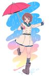  adapted_costume brown_eyes brown_hair coat deco_(geigeki_honey) double-breasted full_body kantai_collection miyuki_(kantai_collection) outstretched_arm rain sailor_collar short_hair solo standing standing_on_one_leg umbrella 