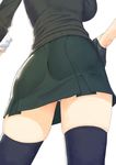  ass black_gloves black_legwear breasts close-up gloves highres kantai_collection large_breasts panties panty_peek pantyshot simple_background skirt solo tenryuu_(kantai_collection) thighhighs underwear upskirt white_background yuuji_(and) zettai_ryouiki 