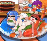  27_degrees 2girls barefoot bikini cameo conveyor_belt_sushi domino_mask highres ink inkblot inkling mario mario_(series) mask multiple_girls nyotaimori rob_(splatoon) sleeping splatoon_(series) splatoon_1 super_mario_bros. swimsuit tentacle_hair 