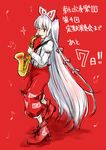  beamed_eighth_notes beamed_sixteenth_notes bow eighth_note fujiwara_no_mokou hair_bow instrument long_hair monrooru music musical_note ofuda playing_instrument quarter_note red_background saxophone sixteenth_note solo suspenders touhou very_long_hair white_hair 