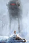  artist_request at-at energy_cannon energy_sword epic fog from_behind galactic_empire gloves helmet hill holding holding_weapon hoth lightsaber luke_skywalker mecha outdoors pilot_suit realistic rebel_alliance rebel_pilot rock science_fiction signature size_difference snow standing star_wars sword walker weapon 
