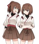  :d blush brown_eyes brown_hair crossed_arms hair_ribbon hyuuga_(kantai_collection) ise_(kantai_collection) kantai_collection multiple_girls open_mouth pleated_skirt ponytail ribbon ribbon-trimmed_sleeves ribbon_trim sharlorc short_hair skirt smile undershirt white_background 