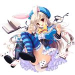  :d alice_(wonderland) alice_in_wonderland animal_ears ass asymmetrical_legwear blue_legwear book bow bowtie breasts bunny_ears bunny_tail card dress hat highres long_hair medium_breasts mikeou no_panties open_mouth playing_card red_eyes smile striped striped_legwear tail thighhighs white_hair wrist_cuffs 