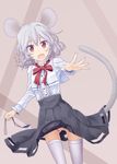  animal_ears capelet gem grey_eyes highres ikamagu jewelry jewelry_removed long_sleeves looking_at_viewer mouse_ears mouse_tail nazrin necklace necklace_removed open_mouth outstretched_arm panties pantyshot pantyshot_(standing) pendant pink_panties red_eyes shirt silver_hair skirt smile solo standing tail thighhighs touhou underwear white_legwear 