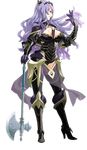  1girl armor axe boots breasts camilla_(fire_emblem) camilla_(fire_emblem_if) cleavage fire_emblem fire_emblem_if gloves hair_ornament head_ornament high_heels kozaki_yuusuke long_hair nintendo official_art purple_hair simple_background thigh_boots thighhighs weapon 