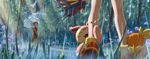  1girl beautifly brown_hair from_below gen_3_pokemon grass haruka_(pokemon) hat head_out_of_frame nature pokemon pokemon_(creature) pokemon_(game) pokemon_oras rain shoes short_hair skitty sneakers solo_focus torchic umbrella yakkun yuuki_(pokemon) 