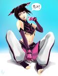  baggy_pants bang_bez bare_shoulders barefoot black_hair blue_background bracelet breasts detached_sleeves drill_hair dudou fingerless_gloves full_body gloves halter_top halterneck han_juri jewelry korean licking_lips medium_breasts pants pink_legwear purple_eyes sitting solo spiked_bracelet spikes street_fighter street_fighter_iv_(series) toeless_legwear toes tongue tongue_out translated twin_drills underboob 