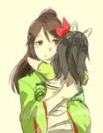  age_difference amagi_(kantai_collection) black_hair brown_eyes brown_hair carrying furisode hair_between_eyes hair_ribbon height_difference hug japanese_clothes kantai_collection katsuragi_(kantai_collection) kimono long_hair looking_at_another midriff multiple_girls ponytail ribbon simple_background smile takatsuki_nato white_ribbon younger 