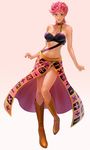  boots bra breasts brown_footwear choker cleavage gradient gradient_background green_eyes higurehiiro jojo_no_kimyou_na_bouken large_breasts pink_background pink_hair short_hair skirt solo strap trish_una underwear vento_aureo 