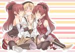  bare_shoulders blonde_hair blush breasts cleavage clone drill_hair girl_sandwich long_hair magical_girl mahou_shoujo_madoka_magica medium_breasts multiple_girls ponytail red_hair rosso_fantasma sakura_kyouko sandwiched small_breasts striped striped_background takeshisu thighhighs tomoe_mami twin_drills twintails undressing yuri 