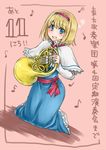  alice_margatroid blonde_hair blue_eyes capelet eighth_note french_horn hairband instrument monrooru musical_note open_mouth pink_background quarter_note sash sixteenth_note solo touhou 