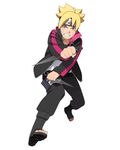  blonde_hair blue_eyes boruto:_the_movie child dual_wielding forehead_protector full_body high_collar kunai looking_at_viewer naruto necklace official_art open_jacket simple_background solo spiked_hair toeless_legwear uzumaki_boruto weapon whiskers 