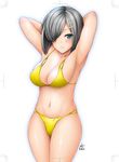  arms_up bikini blue_eyes breasts hair_ornament hair_over_one_eye hairclip hamakaze_(kantai_collection) kantai_collection large_breasts short_hair silver_hair solo swimsuit yoshida_inuhito 