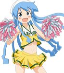  bare_shoulders blue_eyes blue_hair blush cheerleader dress hat highres ikamusume looking_at_viewer midriff navel official_art pom_poms scan shinryaku!_ikamusume solo tentacles transparent_background 