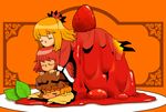  aki_minoriko aki_shizuha blonde_hair closed_eyes food fruit girl_sandwich grapes hair_ornament hat in_food minigirl mob_cap multiple_girls okazaki_yumemi onikobe_rin plate red_hair sandwiched siblings sisters strawberry touhou touhou_(pc-98) 