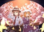  adjusting_clothes adjusting_hat blonde_hair bow brown_eyes brown_hair bug butterfly cherry_blossoms dress ghostly_field_club hair_bow hand_on_hip hat insect long_hair maribel_hearn multiple_girls necktie open_mouth ribbon shirt short_hair skirt smile touhou unagi_sango usami_renko yellow_eyes 