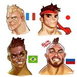  abel_(street_fighter) beard black_hair blonde_hair blue_eyes brazilian_flag chipped_tooth dark_skin dark_skinned_male eyebrows face facial_hair french_flag grin headband japanese_flag missing_tooth mohawk multiple_boys nose oskar_vega realistic russian_flag ryuu_(street_fighter) scar sean_matsuda short_hair smile street_fighter street_fighter_iii_(series) street_fighter_iv_(series) thick_eyebrows zangief 