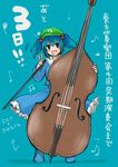  beamed_eighth_notes blue_background blue_eyes blue_hair blush double_bass eighth_note hair_bobbles hair_ornament hat instrument kawashiro_nitori looking_at_viewer monrooru musical_note open_mouth quarter_note simple_background solo touhou twintails two_side_up v 