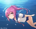  air_bubble blush breath bubble don_(29219) hair_ribbon holding_breath i-168_(kantai_collection) kantai_collection long_hair necktie pink_eyes pink_hair ponytail ribbon school_swimsuit school_uniform serafuku smile solo swimming swimsuit swimsuit_under_clothes twitter_username underwater 