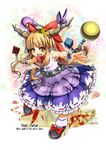  :d artist_name belt blonde_hair bow chain character_name cube cuffs floral_background flower gourd hair_bow hair_flower hair_ornament horn_ribbon horns ibuki_suika long_hair looking_at_viewer oni_horns open_mouth outstretched_arms pyramid_(geometry) ribbon shackles shirt shoe_ribbon skirt sleeveless sleeveless_shirt smile solo sphere spread_arms touhou umigarasu_(kitsune1963) very_long_hair weights wrist_cuffs yellow_eyes 
