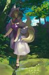  absurdres animal_ears barefoot black_hair blue_sky carrying cat_ears chen closed_eyes cloud dappled_sunlight day dress forest fox_tail hat hidebo highres long_sleeves mary_janes mob_cap multiple_girls multiple_tails nature path piggyback pillow_hat road shoes sky sunlight tabard tail touhou white_dress wide_sleeves yakumo_ran yellow_eyes 