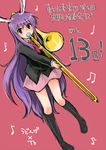  animal_ears beamed_eighth_notes black_hair bunny_ears eighth_note instrument long_hair miniskirt monrooru music musical_note necktie playing_instrument purple_hair quarter_note red_background red_eyes red_neckwear reisen_udongein_inaba sixteenth_note skirt solo touhou trombone very_long_hair 