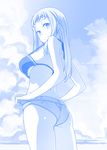  bangs bikini blue breasts commentary_request from_behind getsuyoubi_no_tawawa himura_kiseki large_breasts long_hair looking_at_viewer looking_back monochrome short_shorts shorts solo swimsuit underboob 