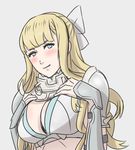  armor bangs blonde_hair blue_eyes blush bow breasts charlotte_(fire_emblem) charlotte_(fire_emblem_if) cleavage female fire_emblem fire_emblem_if grey_background hair_ribbon large_breasts long_hair looking_at_viewer ribbon simple_background smile solo upper_body 