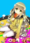  :t bangs blonde_hair blue_background candy chewing corndog doughnut eating food food_on_face french_cruller furai green_eyes highres houndstooth ice_cream ice_cream_cone lollipop looking_at_viewer no_shoes pantyhose persona persona_q:_shadow_of_the_labyrinth persona_q_(series) pleated_skirt rei_(persona_q) school_uniform simple_background sitting skirt smile solo sprinkles swirl_lollipop takoyaki unmoving_pattern white_legwear yokozuwari 