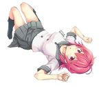  :o dated kantai_collection kinu_(kantai_collection) lying on_back pink_eyes pink_hair pleated_skirt sailor_collar school_uniform serafuku short_hair skirt tomozo_kaoru twitter_username white_background 