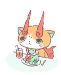  chill_ykon cup drinking_glass drinking_straw fiery_tail fire flat_color food fork jibakoma no_humans plate simple_background solo tail white_background youkai youkai_watch youkai_watch_2 
