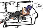  alternate_costume annoyed bangs bare_shoulders barefoot black_legwear closed_eyes commentary couch english headache leg_warmers looking_at_viewer lying nagae_iku on_side pants purple_hair rapestove shirt short_hair sketch solo tank_top text_focus touhou white_background white_shirt yoga_pants 