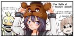  akatsuki_(kantai_collection) black_hair blouse brown_hair chica clothes_writing cocoon_(tsugaken) commentary_request five_nights_at_freddy's five_nights_at_freddy's_2 folded_ponytail freddy_fazbear hair_ornament hat inazuma_(kantai_collection) kantai_collection laughing long_hair mask multiple_girls neckerchief open_mouth plasma-chan_(kantai_collection) pout purple_eyes reverse_translation school_uniform serafuku tears translated 