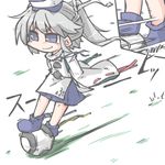  ball blue_eyes blue_hair blush grey_hair hat japanese_clothes kureha_mitsushige long_hair mononobe_no_futo ponytail smile solo tate_eboshi touhou 