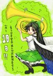  beamed_eighth_notes black_hair black_wings bow cape eighth_note hair_bow instrument monrooru musical_note open_mouth ponytail red_eyes reiuji_utsuho solo touhou tuba wings 