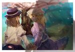  blonde_hair blue_eyes brown_eyes brown_hair dress ghostly_field_club hat holding_hands maribel_hearn multiple_girls petals shirt short_hair shukinuko skirt touhou usami_renko yakumo_yukari 