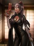  amulet audia_pahlevi bangs bayonetta bayonetta_(character) between_breasts black-framed_eyewear black_hair blurry bodysuit breasts buckle catsuit ceiling chromatic_aberration cleavage cleavage_cutout contrapposto cowboy_shot depth_of_field dragon_print dual_wielding earrings elbow_gloves finger_on_trigger glasses gloves gun hair_ribbon handgun high_ponytail highres holding holding_gun holding_sword holding_weapon indoors jewelry katana large_breasts lipstick long_hair looking_at_viewer makeup mascara mole mole_under_mouth nose parted_lips red_lipstick ribbon shouji sliding_doors solo standing sword turtleneck very_long_hair weapon white_gloves 