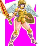  1girl athena_(series) bikini breasts helmet knee_pads long_hair open_mouth princess_athena purple_hair shield simple_background solo swimsuit sword weapon wings yellow_eyes 