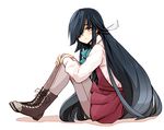 black_hair boots brown_eyes cross-laced_footwear enu_(roco_roco44) from_side full_body hair_over_one_eye hands_on_own_knees hayashimo_(kantai_collection) kantai_collection long_hair neck_ribbon pantyhose ribbon school_uniform sitting solo very_long_hair white_background 