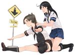  ayanami_(kantai_collection) black_hair brown_eyes brown_hair ddal kantai_collection long_hair multiple_girls road_sign school_uniform serafuku side_ponytail sign signpost smile stretch ushio_(kantai_collection) 