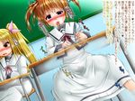  blonde_hair blue_eyes blush brown_eyes brown_hair desk fate_testarossa genzaburoh lyrical_nanoha mahou_shoujo_lyrical_nanoha mahou_shoujo_lyrical_nanoha_strikers multiple_girls open_mouth pussy_juice_stain saliva school_desk school_uniform seishou_elementary_school_uniform takamachi_nanoha tears text_focus translation_request 