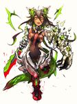  armor bangs blade brown_hair glowing glowing_weapon green_eyes highres looking_at_viewer maido_mido mechanical_arms mechanization multicolored_hair original simple_background sketch skin_tight solo tail tongue tongue_out weapon white_background 