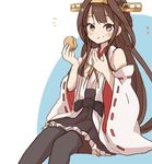  black_eyes blue_background blush boots brown_hair detached_sleeves eating enu_(roco_roco44) frilled_skirt frills headgear kantai_collection kongou_(kantai_collection) long_hair lowres nontraditional_miko ribbon-trimmed_sleeves ribbon_trim sitting skirt solo thigh_boots thighhighs two-tone_background very_long_hair white_background 